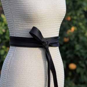 Soft lambskin Black Leather Long + Skinny Obi • 2 inch wide long leather sash • double wrap belt