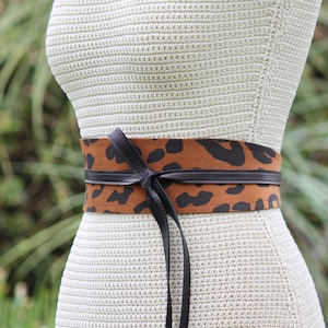 Reversible Leopard Suede Obi Belt: Black Lambskin Leather Wrap