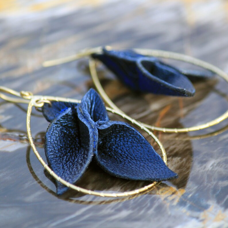 Leather Petals 3-d w/ gold Navy Blue Pearl lambskin Silk long dangle teardrop hoop handmade statement earrings image 2