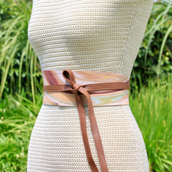 トップス S logo belt tops THEREDTHREAD REVERSIBLE Leather + Marbled Fabric Brown Print Obi Wrap