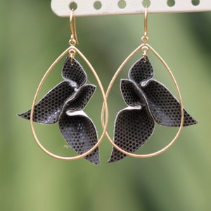 Leather Petals Teardrop Earrings • olive green + silk • unique 3 dimensional embossed leather