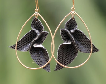 Leather Petals Teardrop Earrings • olive green + silk • unique 3 dimensional embossed leather