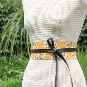 Reversible Leather Obi Belt: Blossom Print Fabric Sash Wrap