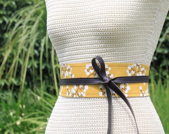 REVERSIBLE Leather + Fabric blossom print Obi Wrap Sash Belt • bespoke XS S M L XL Plus & Petite size • 3 inches wide