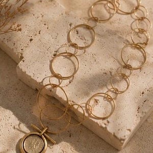 May include: A gold-toned necklace featuring a series of interconnected circular links of varying sizes. The chain leads to a circular pendant with a central embossed coin-like design, secured by a horizontal bar toggle clasp mechanism.