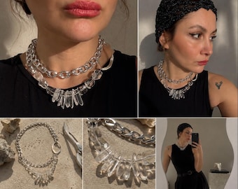 SELENE QUARTZ handmade, clear quartz, steel and alpaca necklace