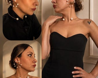 Conjunto de collar y pendientes NOVA, hechos a mano con perlas y latón.