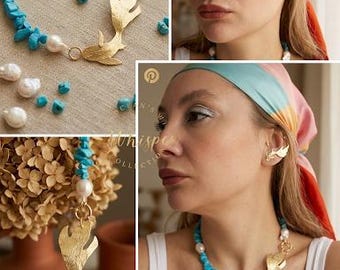 KOİ BLUE AZUR Collar hecho a mano de latón con piedra turquesa natural y perlas barrocas