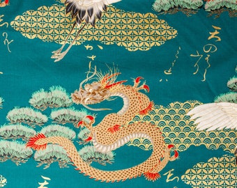 Japanese Fabric 100% Cotton, 'Dragons and Cranes, Turquoise' 0.5m (UK seller)