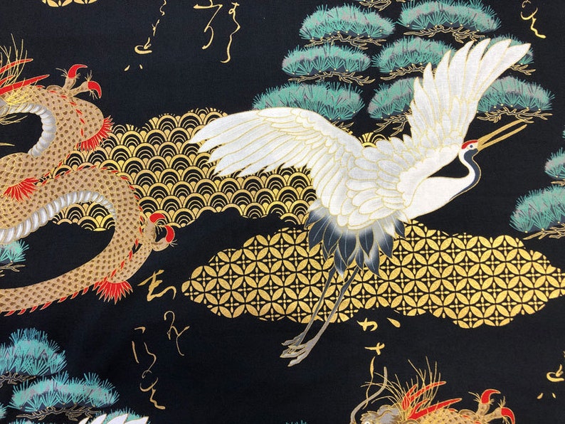 Japanese Fabric 100% Cotton, 'Dragons and Cranes, Black' 0.5m UK seller image 4