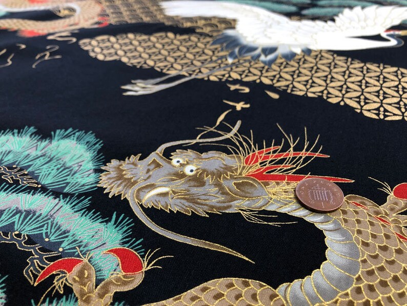 Japanese Fabric 100% Cotton, 'Dragons and Cranes, Black' 0.5m UK seller image 2