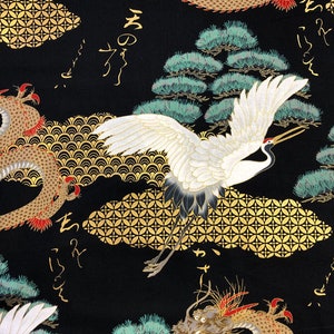 Japanese Fabric 100% Cotton, 'Dragons and Cranes, Black' 0.5m UK seller image 6