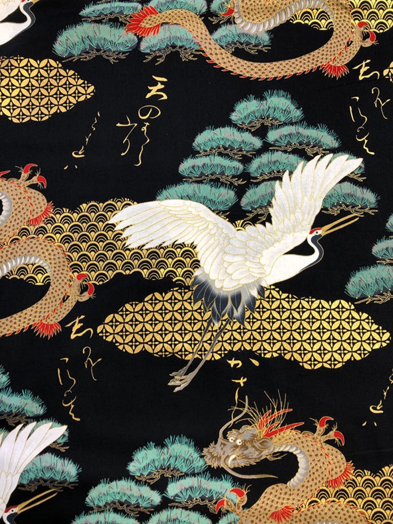 Japanese Fabric 100% Cotton, 'Dragons and Cranes, Black' 0.5m UK seller image 6