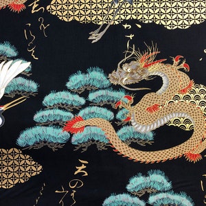 Japanese Fabric 100% Cotton, 'Dragons and Cranes, Black' 0.5m UK seller image 1