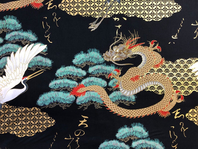 Japanese Fabric 100% Cotton, 'Dragons and Cranes, Black' 0.5m UK seller image 1