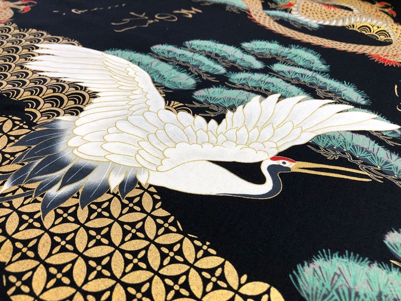 Japanese Fabric 100% Cotton, 'Dragons and Cranes, Black' 0.5m UK seller image 3