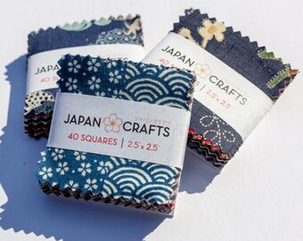 Japanese Fabric 2.5" MINI Indigo/Non-Metallic Charm Pack, 40 Squares UK SELLER