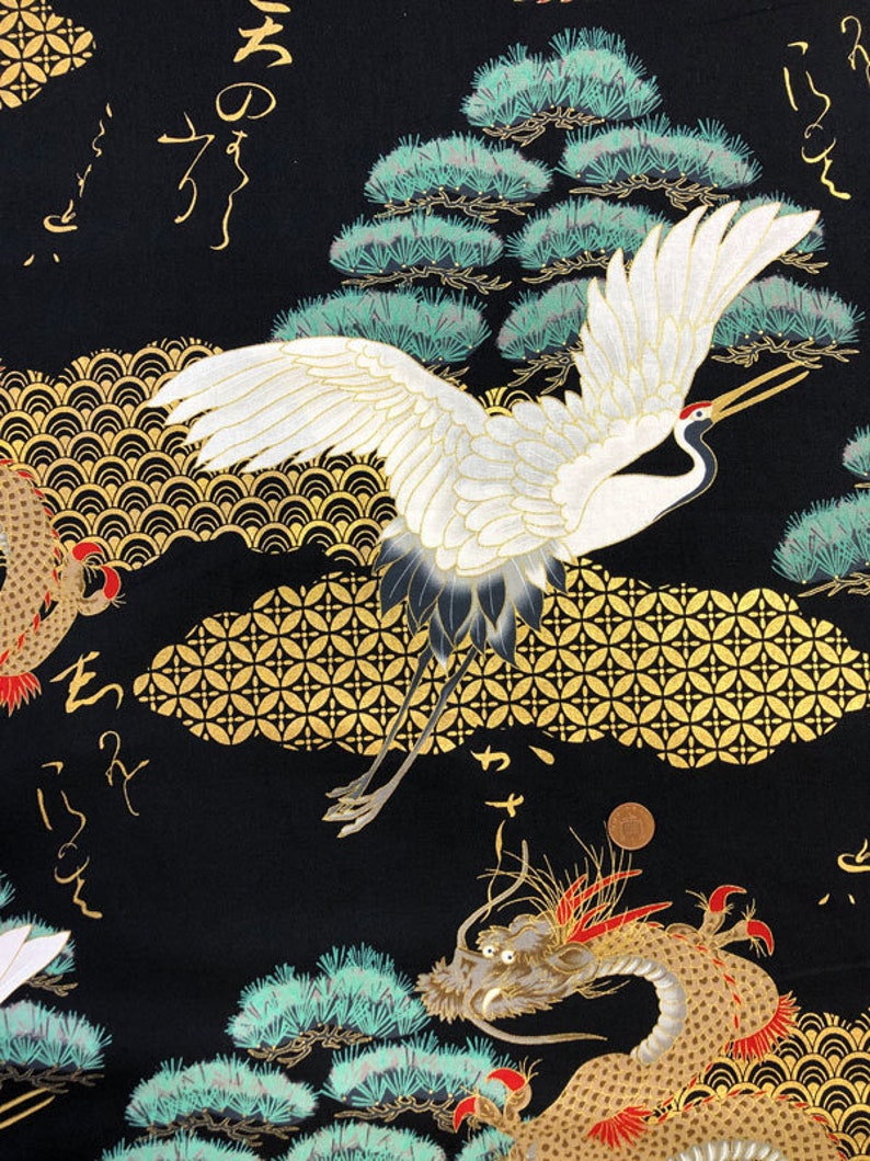 Japanese Fabric 100% Cotton, 'Dragons and Cranes, Black' 0.5m UK seller image 5
