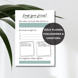 Könnte beinhalten: Ein druckbares Arbeitsblatt mit hellblauem Hintergrund und schwarzem Text. Das Arbeitsblatt trägt den Titel "Keep your focus!" und enthält Abschnitte zum Setzen von Wochenzielen, zum Identifizieren von Herausforderungen und zum Festlegen von Unterstützungsstrategien.