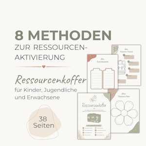 Puede incluir: Un conjunto de hojas de trabajo imprimibles tituladas 8 METHODEN ZUR RESSOURCEN-AKTIVIERUNG y Ressourcenkoffer, con 38 páginas. Los documentos incluyen ilustraciones de una maleta, una flor, iconos de batería y una mochila en tonos tierra.