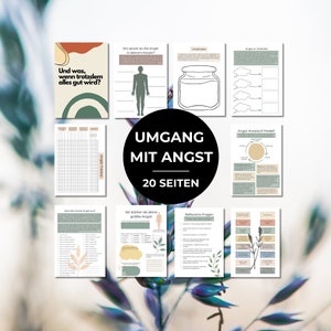 Może przedstawiać: Drukowany zeszyt ćwiczeń zatytułowany "UMGANG MIT ANGST" (po niemiecku: "Radzenie sobie z lękiem") z podtytułem "20 SEITEN" (po niemiecku: "20 stron"). Zeszyt zawiera ilustracje osoby, słoika, chmur i koła ze strzałkami. Strony są zaprojektowane w zielono-brązowo-białej kolorystyce.