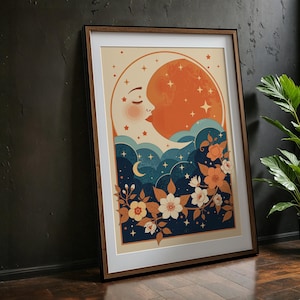 Himmlischer Mond und Blumenkunst digitaler Download | Retro Boho Lunar Wanddekor, sternenklare Nacht botanisches Poster für mystische Räume