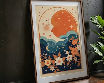 Celestial Moon Floral Print: Retro Boho Wall Decor (Digital Download)