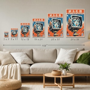May include: A series of art prints featuring a retro-futuristic design. Each print showcases a woman's face within a stylized, vintage-style television set, set against a red and blue background. Sizes range from 5x7 inches to 24x36 inches.