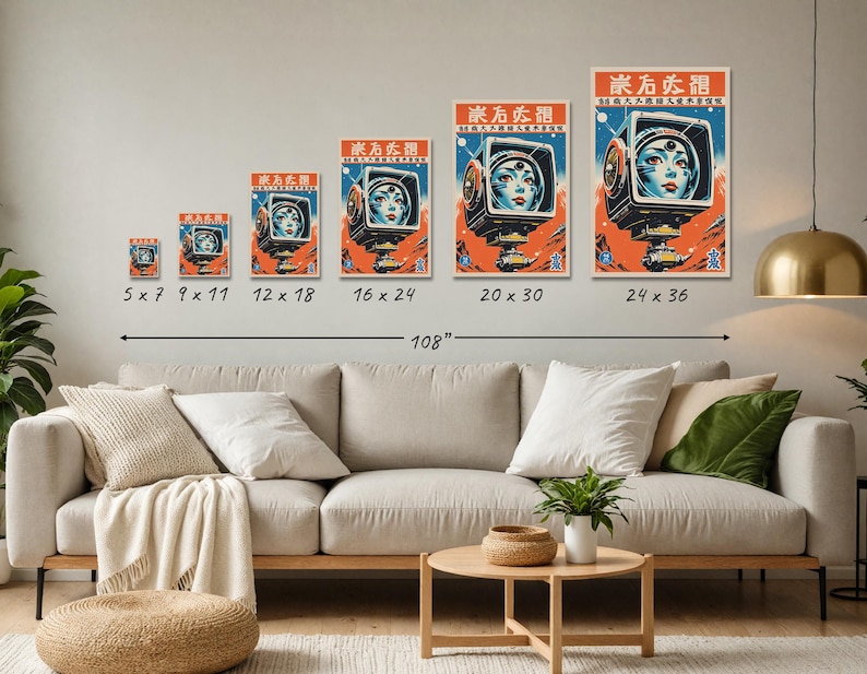 May include: A series of art prints featuring a retro-futuristic design. Each print showcases a woman's face within a stylized, vintage-style television set, set against a red and blue background. Sizes range from 5x7 inches to 24x36 inches.