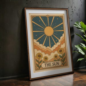 Sun-Tarot-Karte Kunstdruck | Boho Himmlische Sonnenblume Wandkunst für mystische Wohnkultur Liebhaber, digitaler Download