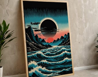 Impressão artística retrô de ficção científica com tema de eclipse | Paisagem oceânica, aviões de combate (download digital)