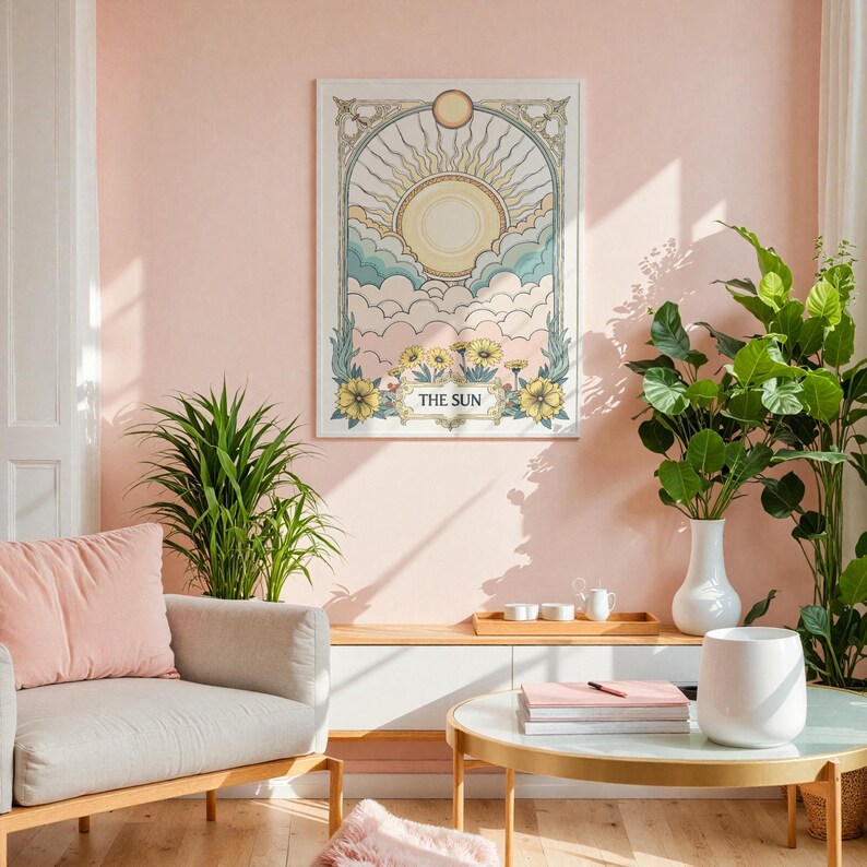 May include: A pink wall with a framed illustration of a sun with clouds and flowers. The illustration is titled "The Sun". There is a light brown wooden shelf with a white vase and a potted plant on it. There is a light grey armchair with a pink cushion in front of the shelf. There is a light brown coffee table with a stack of books and a white vase on it.