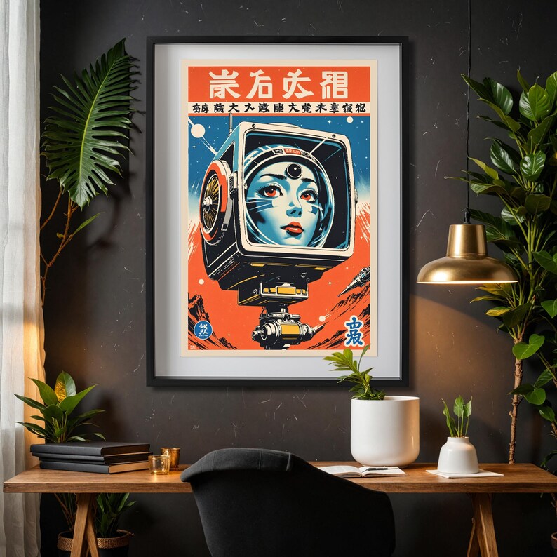 May include: Framed vintage-style poster featuring a woman's face inside a retro-futuristic helmet. The poster has a red, blue, and orange color scheme with Japanese text at the top. The artwork is displayed on a dark wall above a wooden desk.