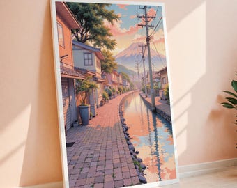 Impressão artística de rua em canal japonês | Paisagem do Monte Fuji (Download digital)