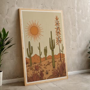 Südwesten Kaktus Wüste Wand Kunst | Retro Western Boho Landschaft Poster für Wohnkultur, digitaler Download