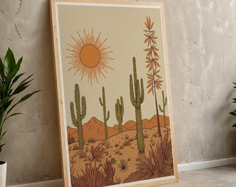 May include: A digital illustration of a desert landscape with a stylized sun, cacti, and a tall plant with orange leaves. The background is a light beige color, and the cacti are green. The sun is yellow with orange rays.