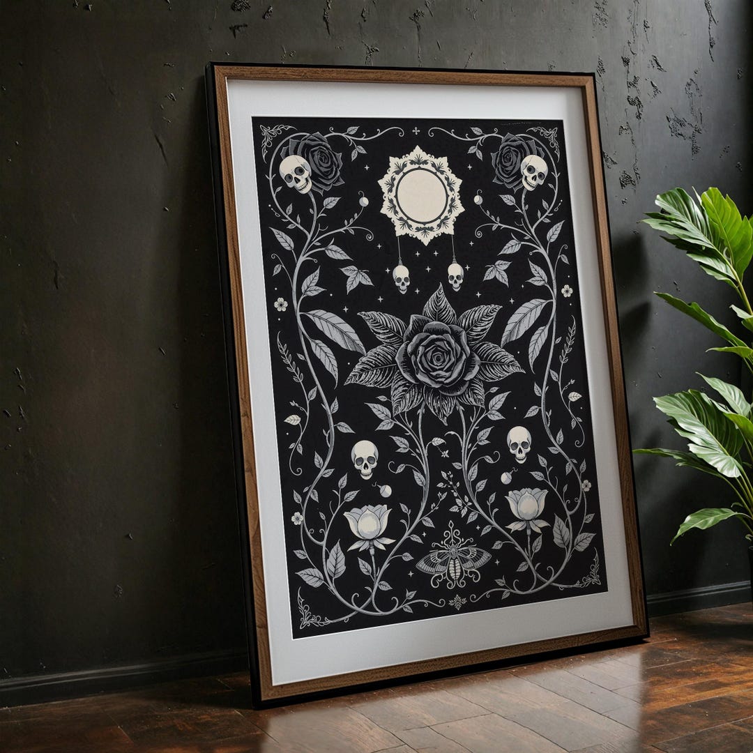 Dark Floral Gothic Art Print - Vintage Black Rose Skull Illustration ...