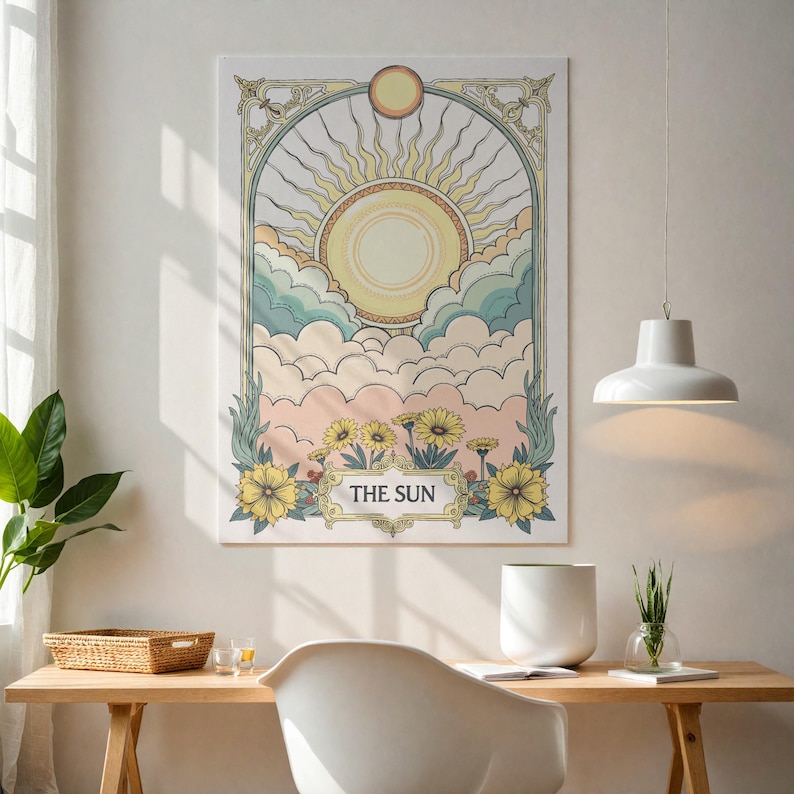 May include: A vintage-style tarot card illustration of The Sun. The card features a yellow sun with rays, clouds in shades of blue and pink, and yellow flowers. The text "THE SUN" is written in a decorative font at the bottom of the card.