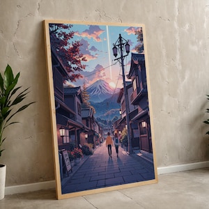 Romantischer Spaziergang unter dem Berg Fuji | Gelassener Abend Straßenszene, Digital Download Poster