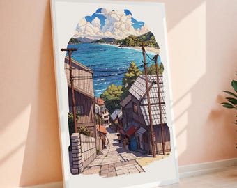 Japanisches Dorf am Meer Kunstdruck Retro Anime Küsten Dekor (Digitaler Download)