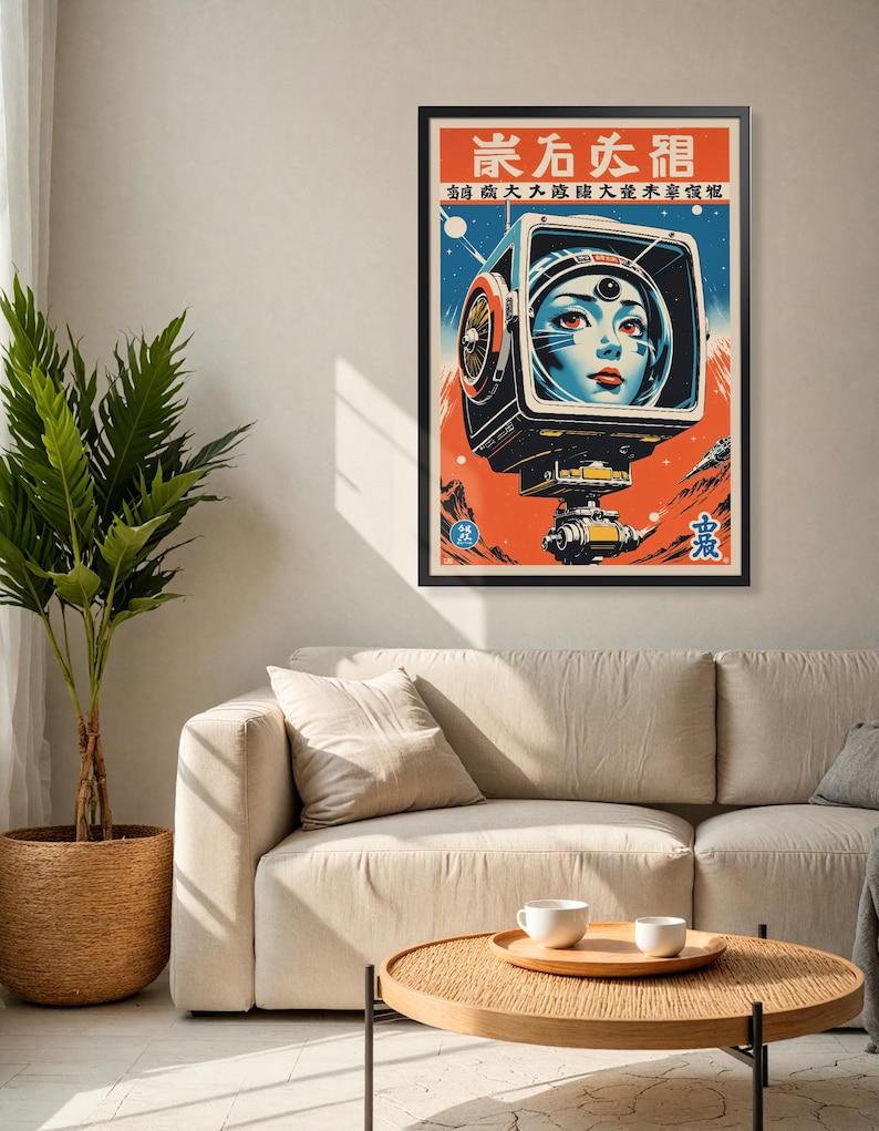 May include: Framed art print featuring a retro-futuristic illustration. The artwork depicts a woman's face inside a square, mechanical helmet against a backdrop of a red planet and blue sky. The print has Japanese text at the top.