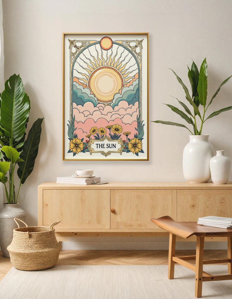 May include: A vintage-style illustration of the sun with a golden frame and floral accents. The text "THE SUN" is printed below the image.