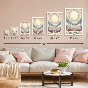May include: A set of six tarot card prints featuring the Moon card. The prints are in various sizes, ranging from 5x7 inches to 24x36 inches. The prints feature a vintage-inspired design with a full moon, clouds, and pink lotus flowers.