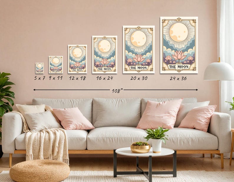 May include: A set of six tarot card prints featuring the Moon card. The prints are in various sizes, ranging from 5x7 inches to 24x36 inches. The prints feature a vintage-inspired design with a full moon, clouds, and pink lotus flowers.
