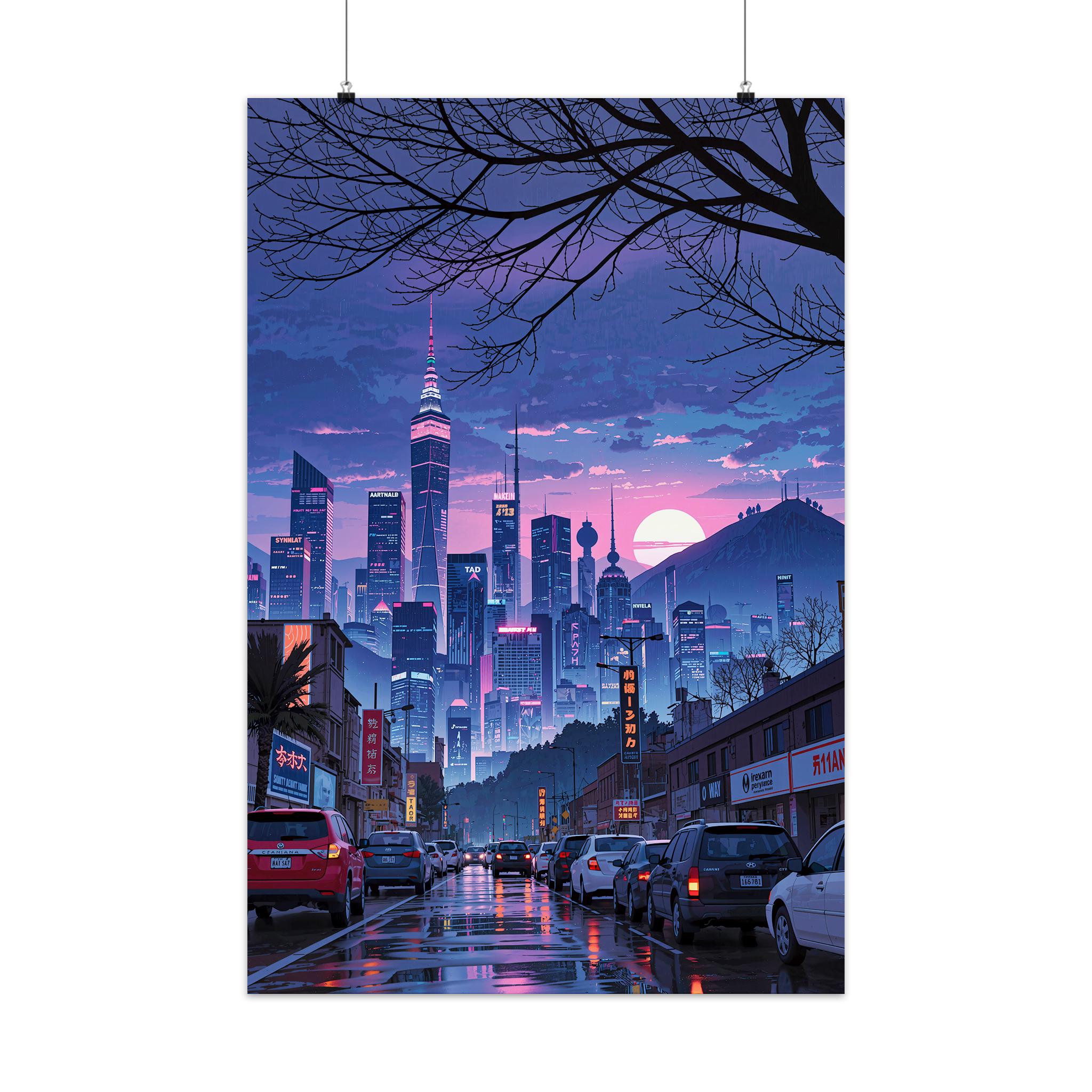 Cyberpunk City Nightscape Art Print - Futuristic Neon Illustration ...