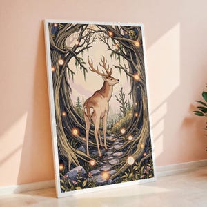 Fantasy Forest Deer Art Print - Mystical Woodland Illustration - Digital Download