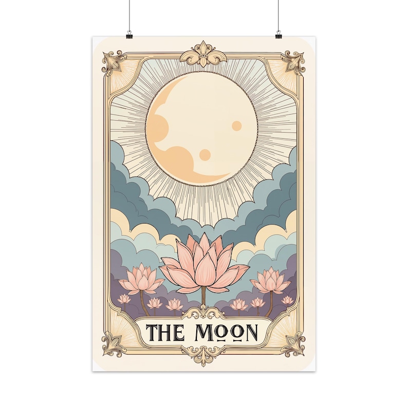 May include: A vintage-style tarot card illustration featuring a full moon with a radiating glow, surrounded by clouds. The card is titled "THE MOON" and features three pink lotus flowers.