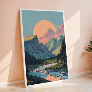 Mountain Sunset Scenic Art Print - Nature Landscape Illustration - Digital Download