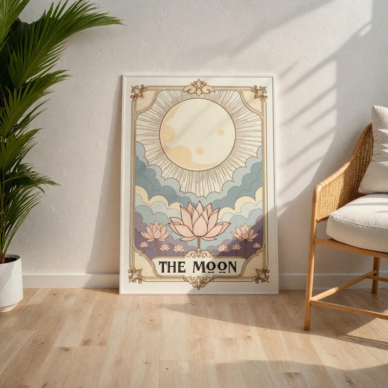 May include: A vintage-style tarot card illustration featuring the Moon card. The card is framed in gold and features a large, full moon with a crescent moon shape in the center. The moon is surrounded by clouds and a ring of light. Below the moon are five pink lotus flowers. The card is titled "THE MOON" in gold lettering.