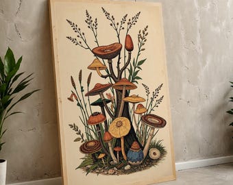 Sztuka ścienna z motywem grzybów botanicznych w stylu vintage – wydruk Cottagecore Fungi – do pobrania w wersji cyfrowej